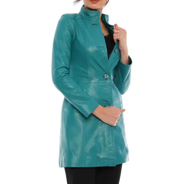 Ailsa Turquoise Blue Leather Trench Coat - Image 2