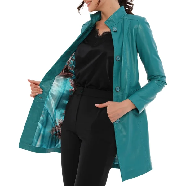 Ailsa Turquoise Blue Leather Trench Coat - Image 5