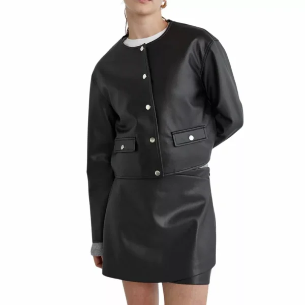 Women Black Laybin Collarless Crop Leather Jacket - Image 6