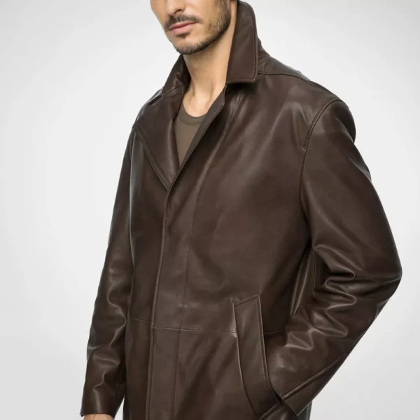 Men’s Notch Lapel Brown Midi Leather Coat - Image 4