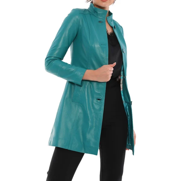 Ailsa Turquoise Blue Leather Trench Coat - Image 4