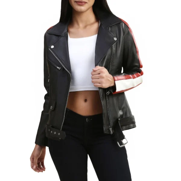 Womens Biker Black Leather Jacket With Stiped Sleeves - Image 4