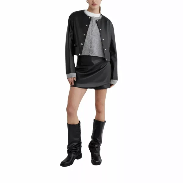 Women Black Laybin Collarless Crop Leather Jacket - Image 7