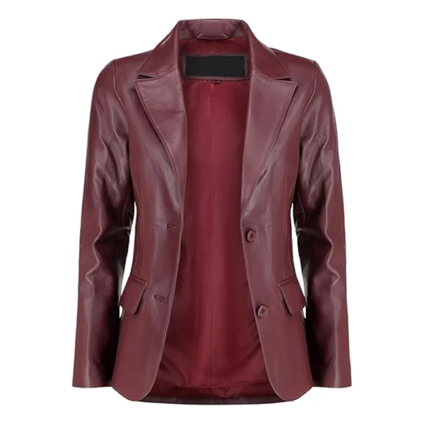 Womens Maroon Two Button Leather Blazer - Image 3