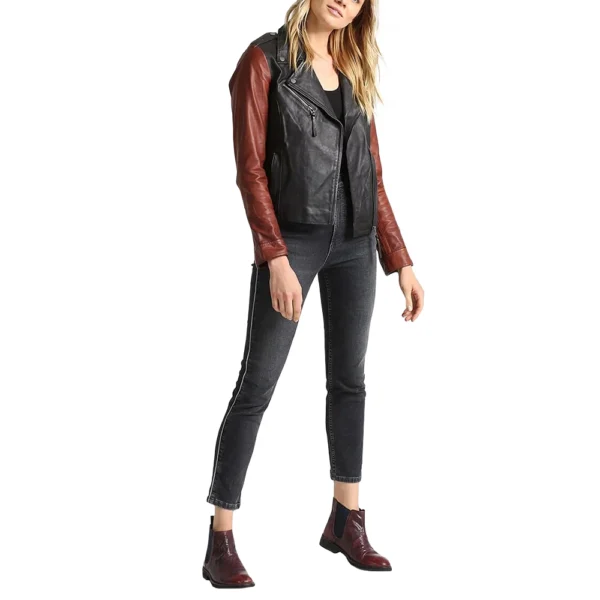 Black and Brown Moto Leather Jacket For Women - Image 4