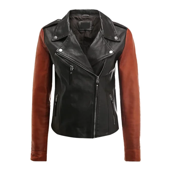 Black and Brown Moto Leather Jacket For Women - Image 2