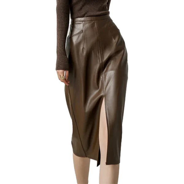 Front Slit Leather Midi Skirt For Women - Image 5