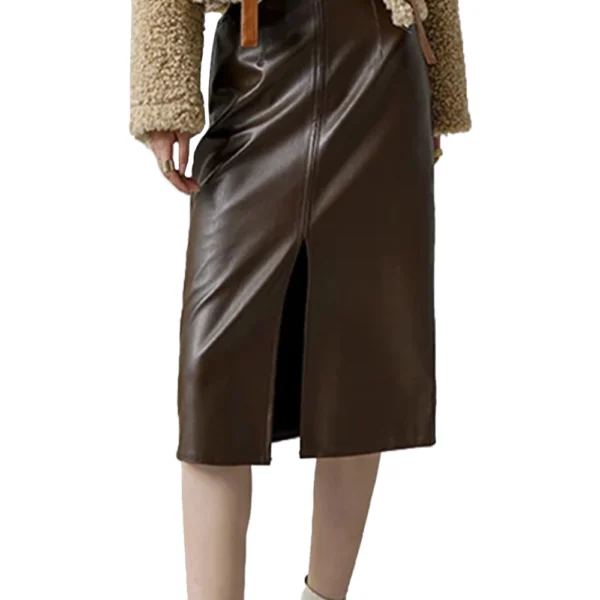 Front Slit Leather Midi Skirt For Women - Image 3