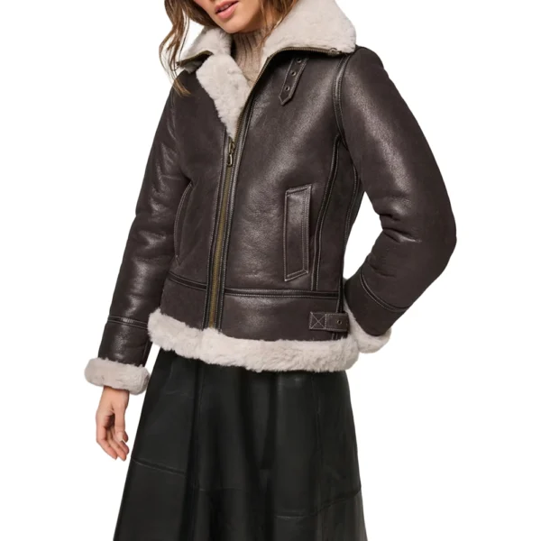 Women’s Dark Brown Leather Shearling Coat Aviator Jacket - Image 3