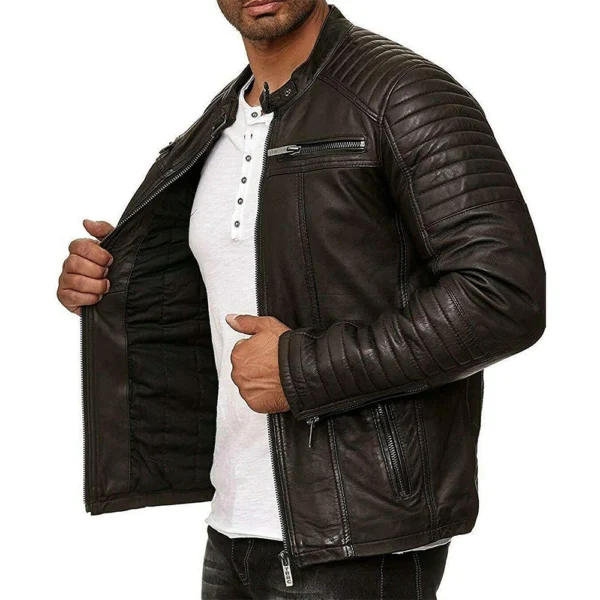 Men’s Vintage Motorcycle Cafe Racer Retro Distressed Leather Jacket - Image 5