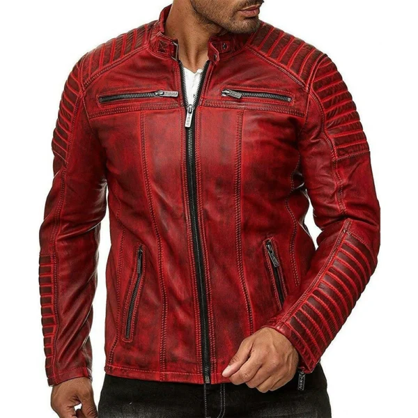Men’s Vintage Motorcycle Cafe Racer Retro Distressed Leather Jacket - Image 7