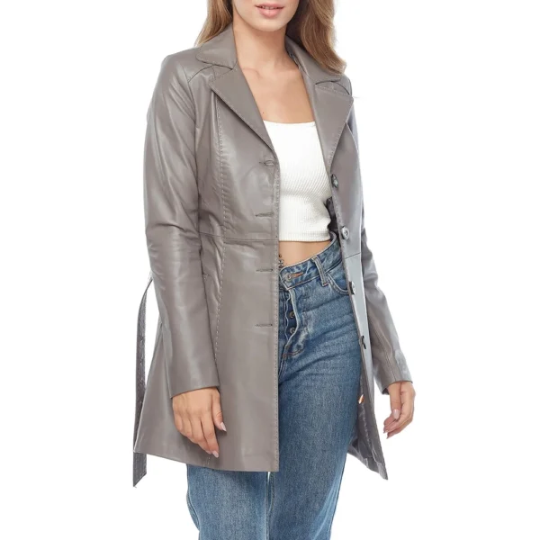 Noa Grey Leather Coat For Women - Image 2