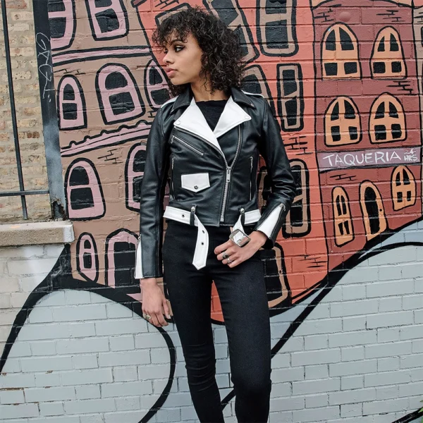 Black and White Biker Leather Jacket Women - Image 2