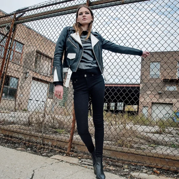 Black and White Biker Leather Jacket Women - Image 3