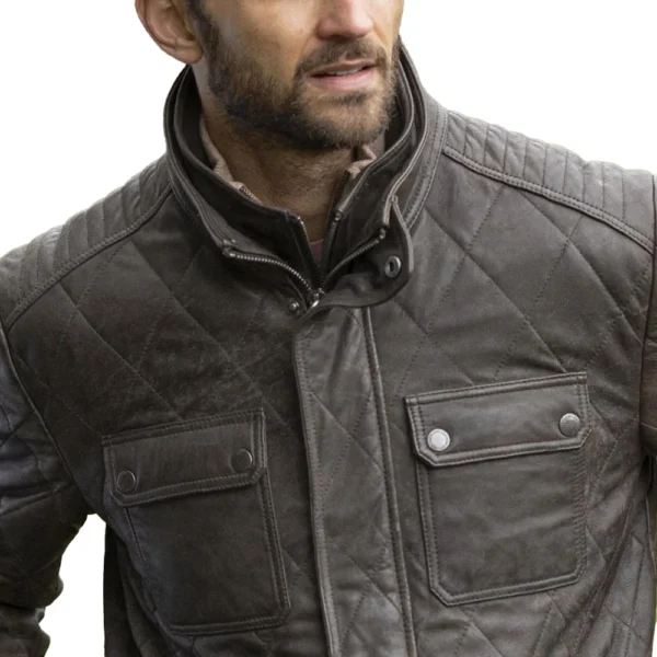 Mens Brown Leather Jacket Quilted - Image 3