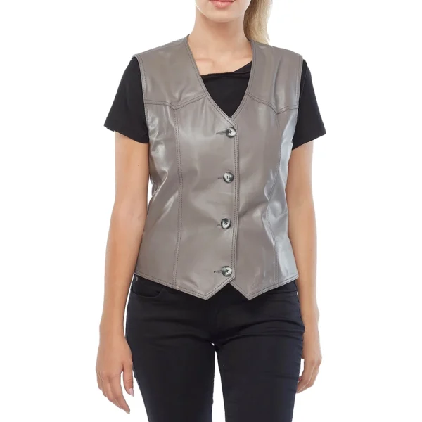 Lilly V-Neck Gray Leather Vest