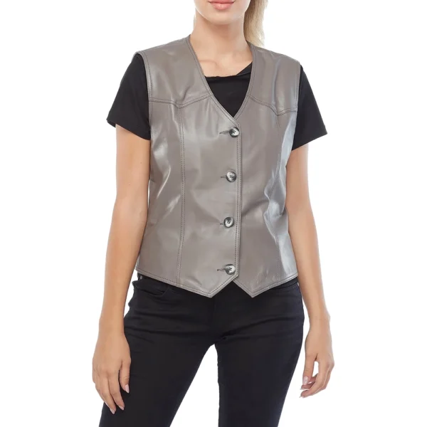 Lilly V-Neck Gray Leather Vest - Image 2