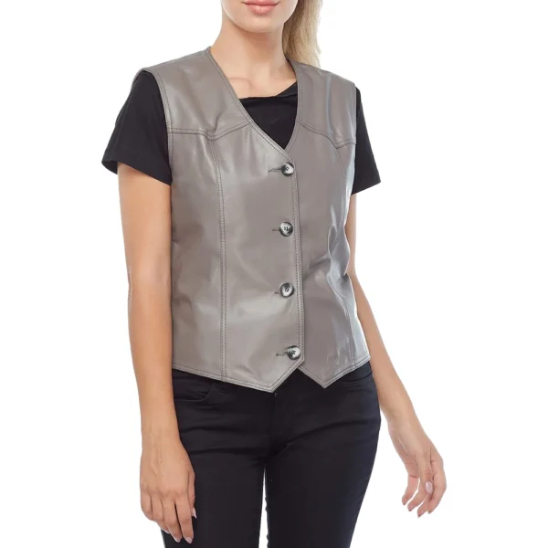 Lilly V-Neck Gray Leather Vest - Image 3