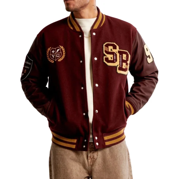 James Burgundy Letterman Bomber Jacket - Image 2