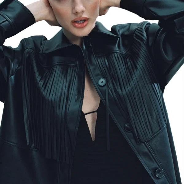 Women’s Modern Black Leather Fringe Jacket - Image 4