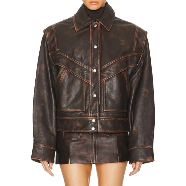 Distressed Brown Leather Jacket Women - Image 2