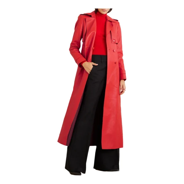 Red Leather Long Trench Coat For Women - Image 3