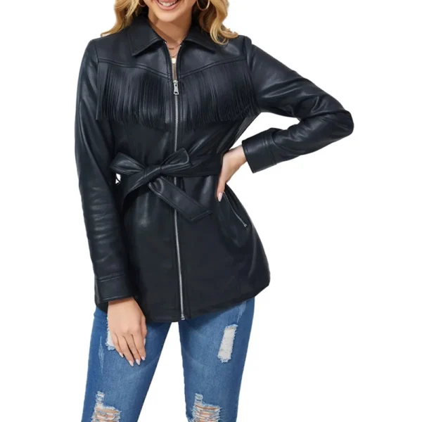 Black Geniune Leather Fringe Jacket for Women - Image 2