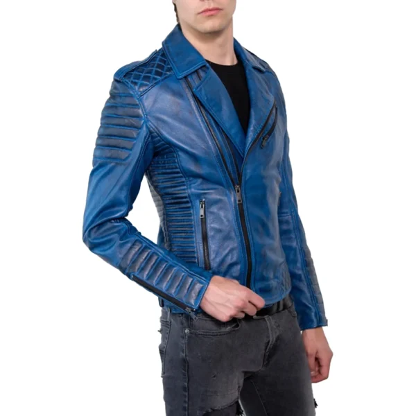 Blue Quilted Leather Jacket - Image 3