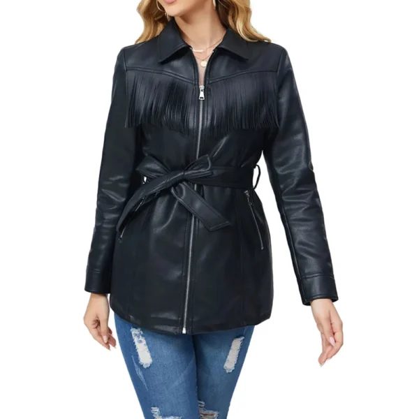 Black Geniune Leather Fringe Jacket for Women - Image 4