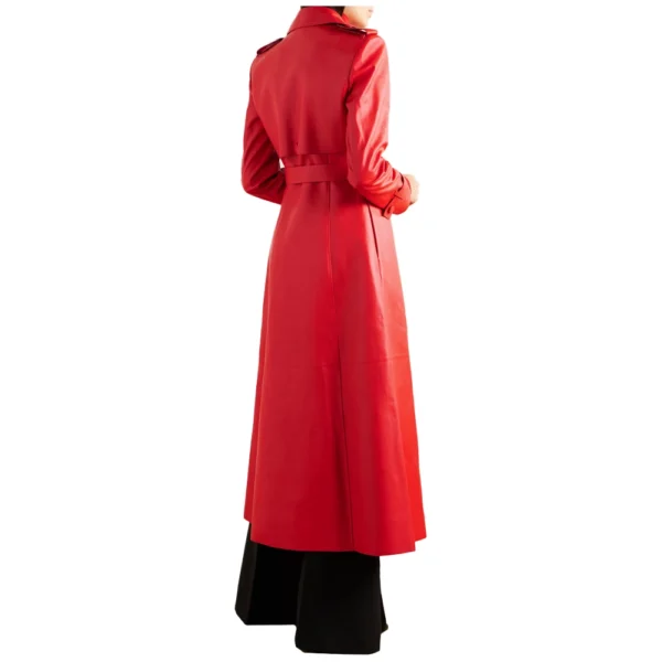 Red Leather Long Trench Coat For Women - Image 4