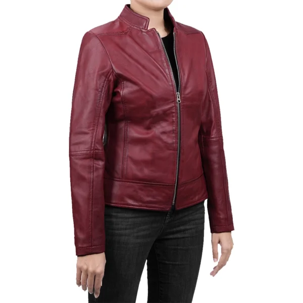 Womens Slim Fit Maroon Leather Jacket - Image 7