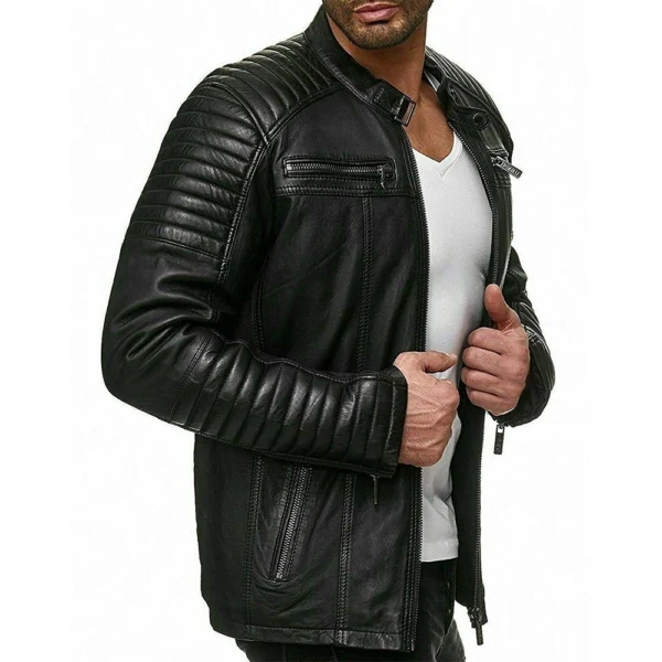 Men’s Vintage Motorcycle Cafe Racer Retro Distressed Leather Jacket - Image 2
