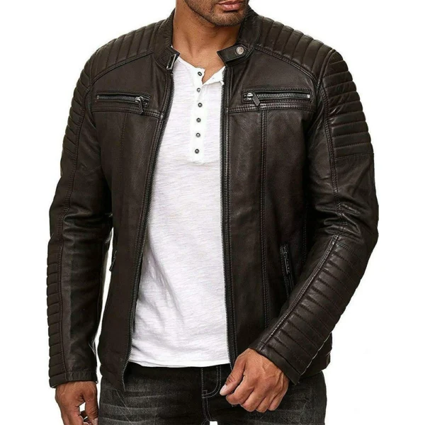 Men’s Vintage Motorcycle Cafe Racer Retro Distressed Leather Jacket - Image 4