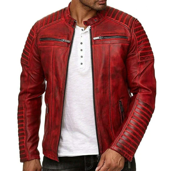 Men’s Vintage Motorcycle Cafe Racer Retro Distressed Leather Jacket - Image 8