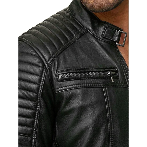 Men’s Vintage Motorcycle Cafe Racer Retro Distressed Leather Jacket - Image 3
