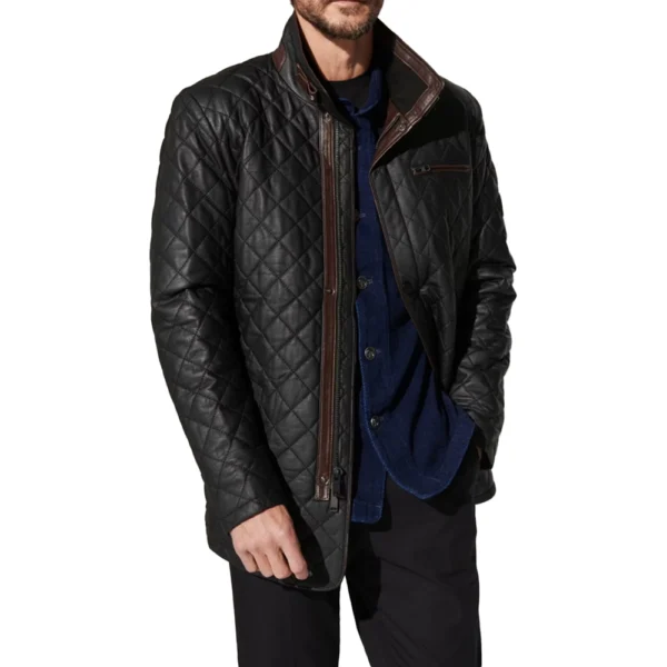 Mens Black Diamond Quilted Leather Coat - Image 3
