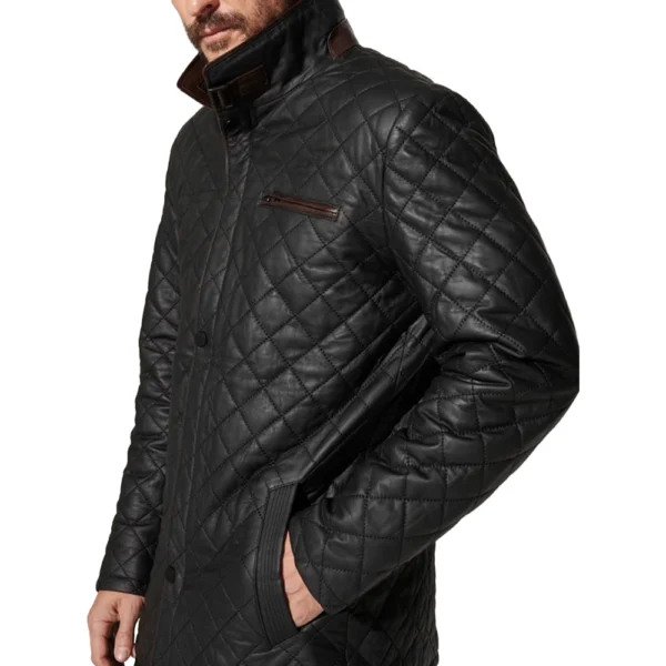 Mens Black Diamond Quilted Leather Coat - Image 4