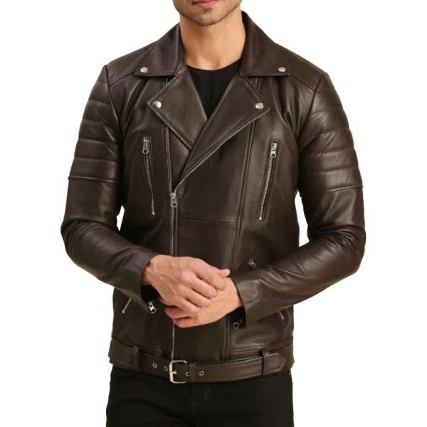 Quilted Brown Moto Leather Jacket Mens