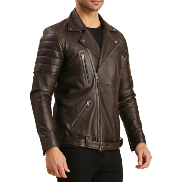 Quilted Brown Moto Leather Jacket Mens - Image 4