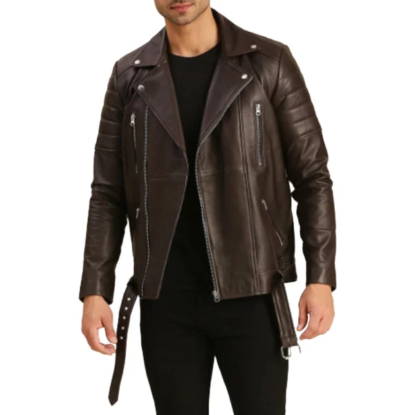 Quilted Brown Moto Leather Jacket Mens - Image 2