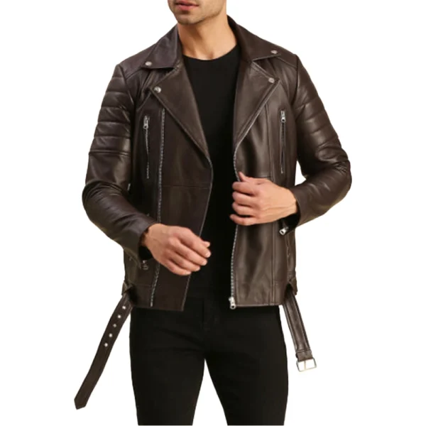 Quilted Brown Moto Leather Jacket Mens - Image 3