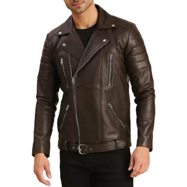 Quilted Brown Moto Leather Jacket Mens - Image 6