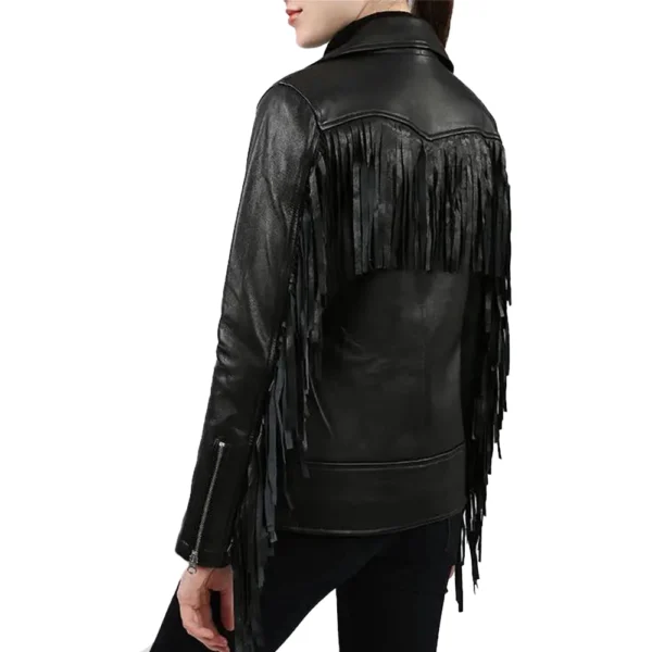 Black Leather Fringe Jacket for Women - Image 5