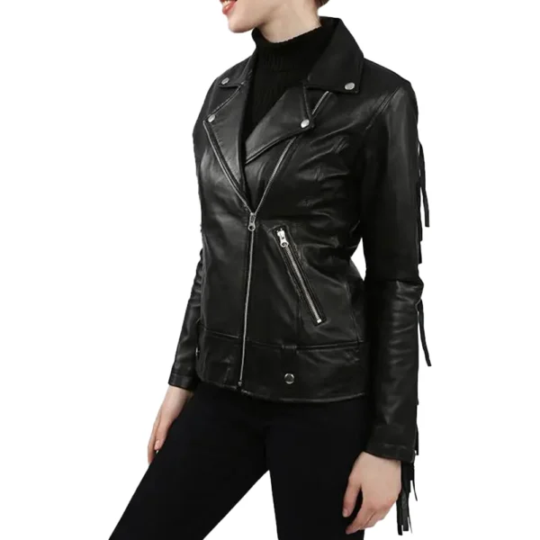 Black Leather Fringe Jacket for Women - Image 7