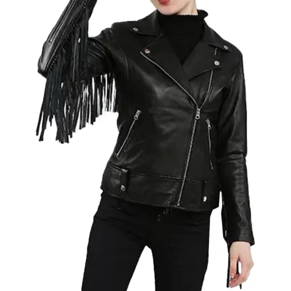Black Leather Fringe Jacket for Women - Image 3