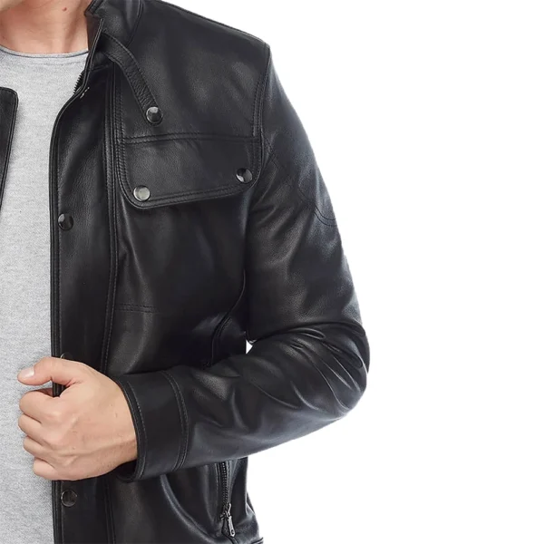 Men’s Black Classic Leather Biker Jacket - Image 3