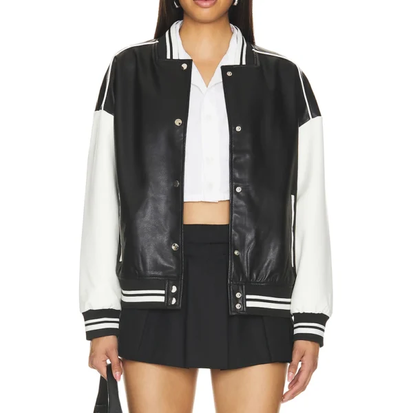 Black and White Varsity Bomber Leather Jacket Women’s - Image 2