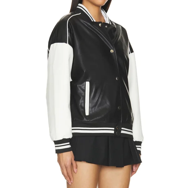 Black and White Varsity Bomber Leather Jacket Women’s - Image 4