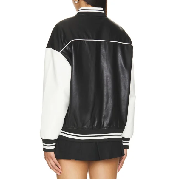 Black and White Varsity Bomber Leather Jacket Women’s - Image 5