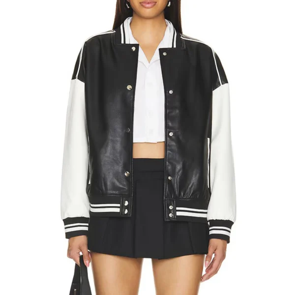 Black and White Varsity Bomber Leather Jacket Women’s - Image 3